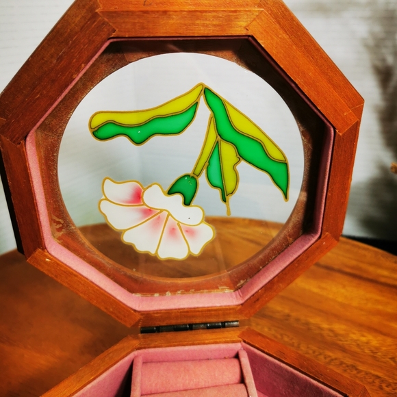 Vintage Octagonal Wooden Jewelry Box with Faux Stained Glass Lid - Picture 7 of 16
